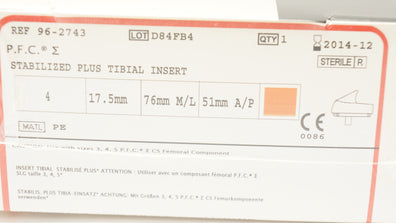 DePuy 96-2743 Stabilized Plus Tibial Insert Size 4 17.5mm x 76mmM/L x 51mmA/P(x)